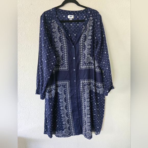 Old Navy Bandana Print Dress Womens Sz 18 Plus Boho Blue Button Up Preppy - Picture 2 of 11